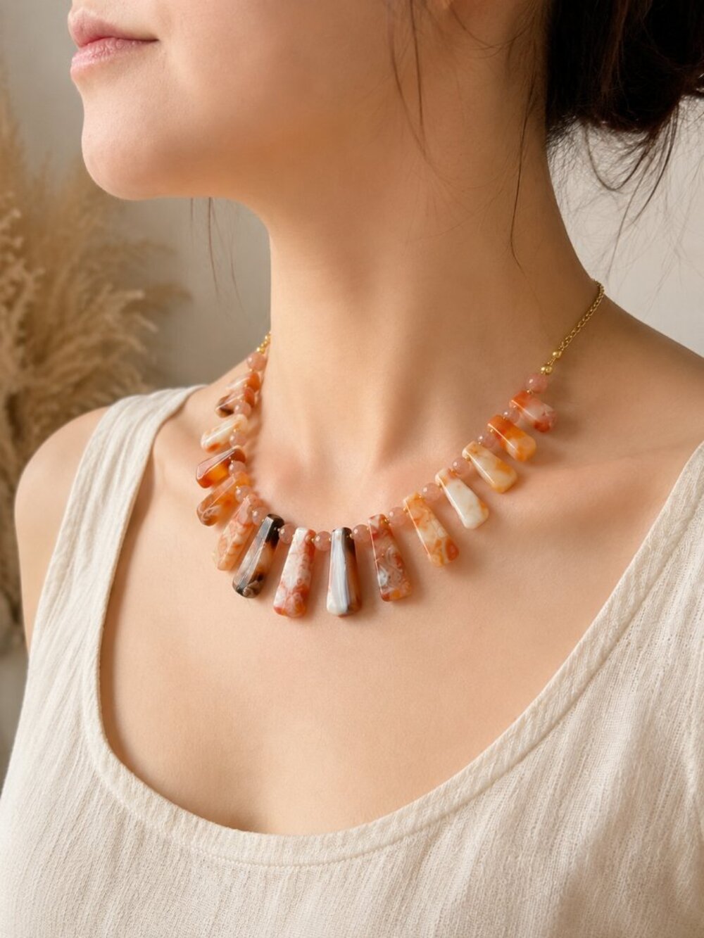 Gathering Sunsets OOAK Agate Fringe Necklace | Peach Agate & Sunstone Statement